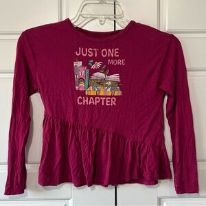 Evsie SM 9 Girl’s Pink Long Sleeve Graphic‎ Tee Crew Neck w Angled Ruffle Hem